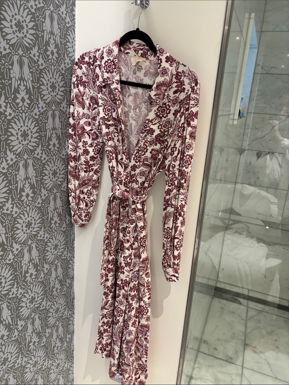 Sezane Burgundy Floral Tie-Waist Wrap Dress on Ivory